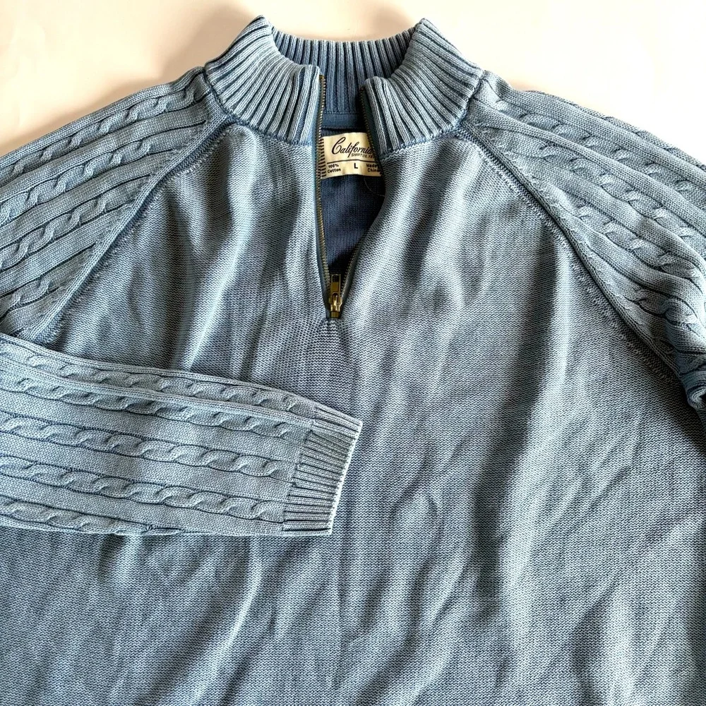 California Clothing Co Men's Large Light Blue Cable Knit Sleeve 1/4 Zip Pullover